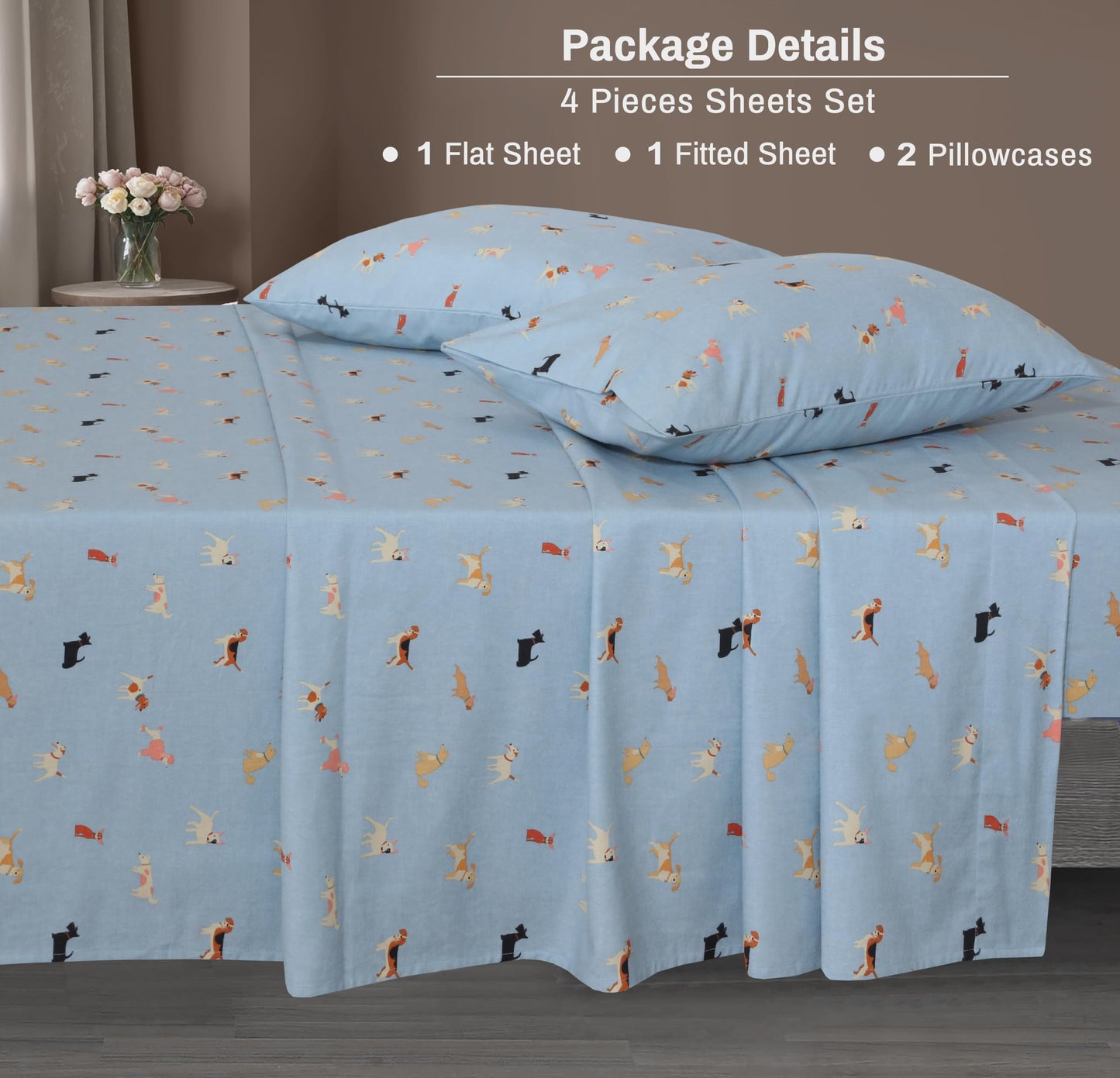 ZOYER Flannel Sheets Queen Size - 100% Cotton Double Brushed Bed Sheets, Deep Pockets 16 Inches Queen Sheet Set, All Seasons Breathable & Extra Soft - Warm & Cozy, 4 Piece, Puppy Pub