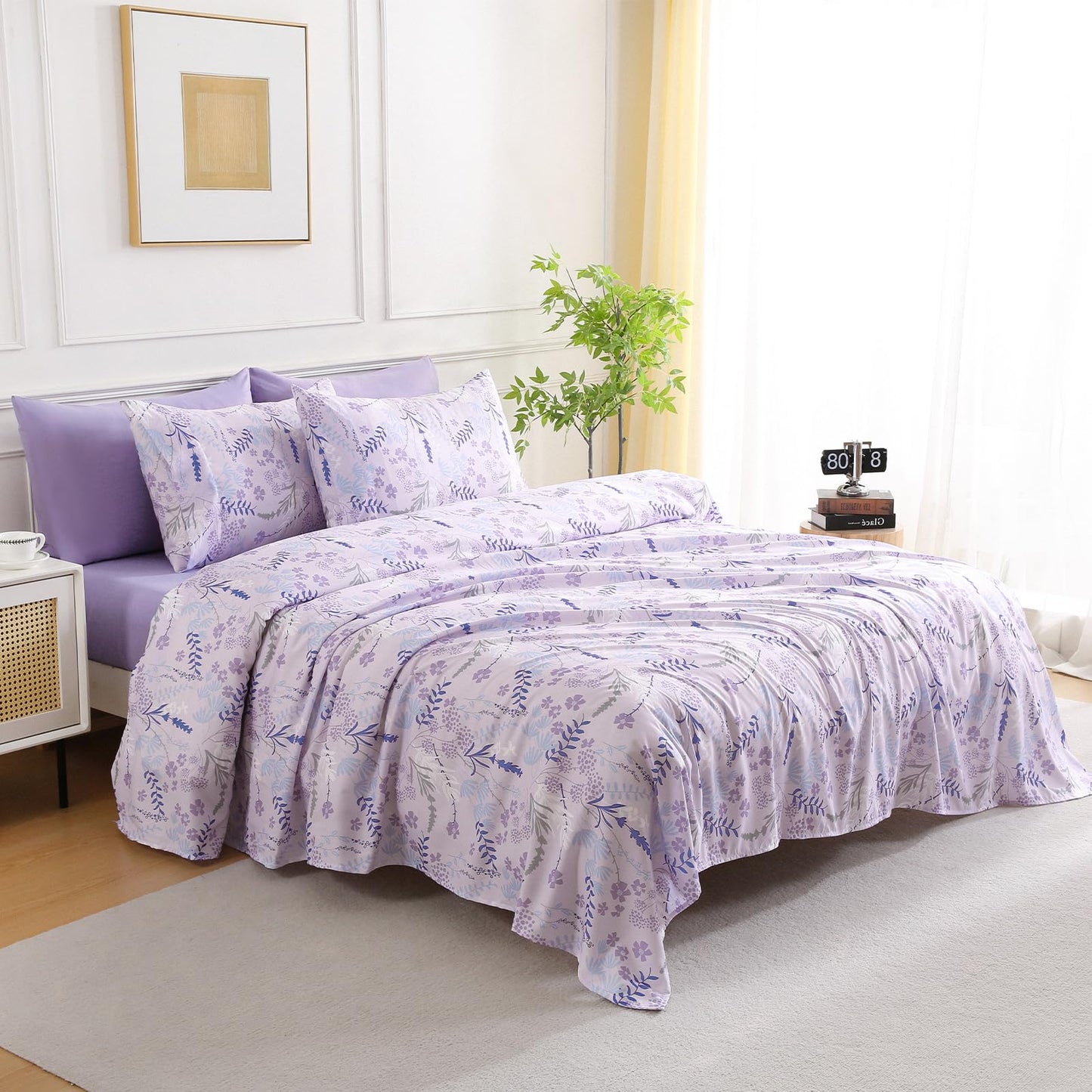 Botanical 6-Piece King Size Sheets Set, Boho Floral Print Brushed Microfiber Sheets, Cooling Bed Sheet Set, Ultra Soft & Breathable, 16' Deep Pocket Fitted Sheet & Pillowcase Set, Purple Floral