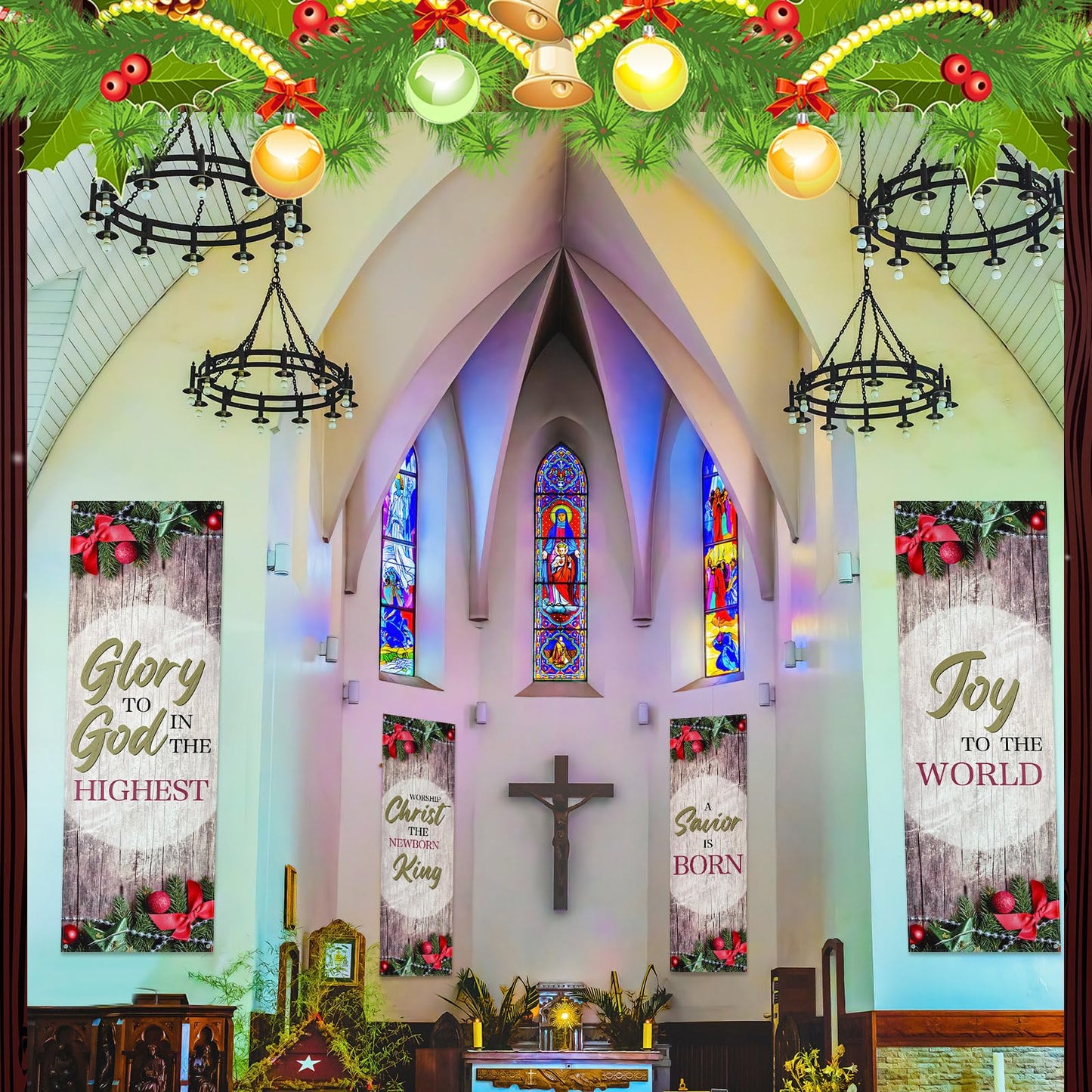 Hosuly 4 Pcs Christmas Church Banners with Scripture Church Banners for Sanctuary Wall Worship Holiday Inspirational Religious Praise Hanging Signs for Xmas Decor