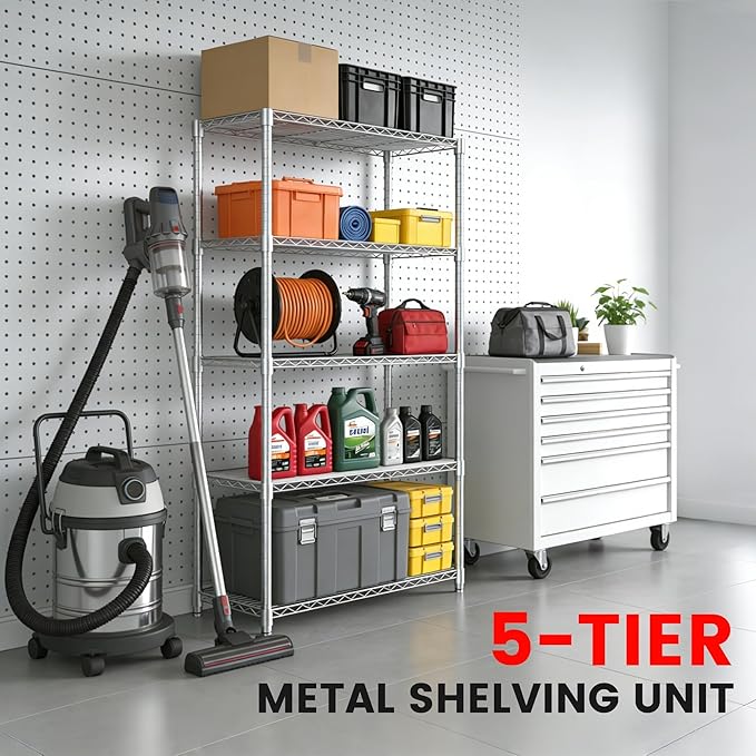 Xcity Storage Shelves, 5 Tier Heavy Duty Metal Shelving Unit, 2000 LBS Capacity Adjustable Steel Wire Shelf Organizer for Pantry, Kitchen, Garage, 14" D x 30" W x 60" H, Chrome