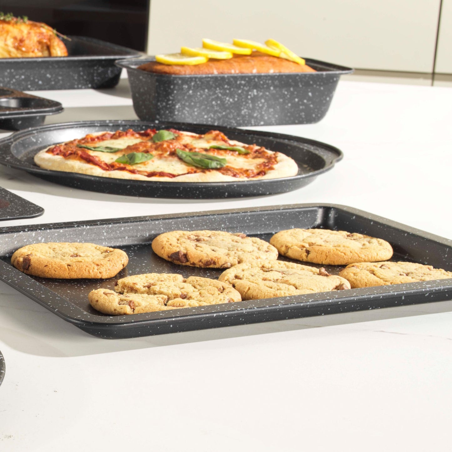 Salter COMBO-8261 Baking Tray Set of 2, Non-Stick Carbon Steel Oven Sheet, Easy Clean, Strong & Durable, Long Lasting, PFOA-Free, Megastone Collection, Black/Silver, 37 cm