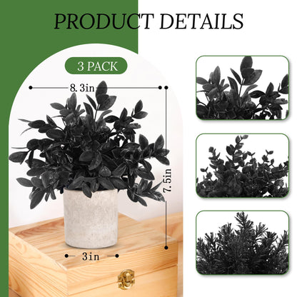 Der Rose 3 Pack Black Fake Plants Artificial Plants Plastic Eucalyptus for Bathroom Home Office Desk Farmhouse Room Table Black Christmas Decorations Gothic Decor Indoor