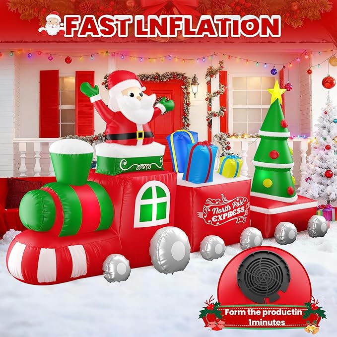 11 FT Deluxe Christmas Inflatables Train with Santa Claus, Gift Box, Christmas Tress, Built-in LED Lights, Blow Up Lovely Train Carriage for Christmas Party Holiday, Outdoor Garden Lawn Yard Decor