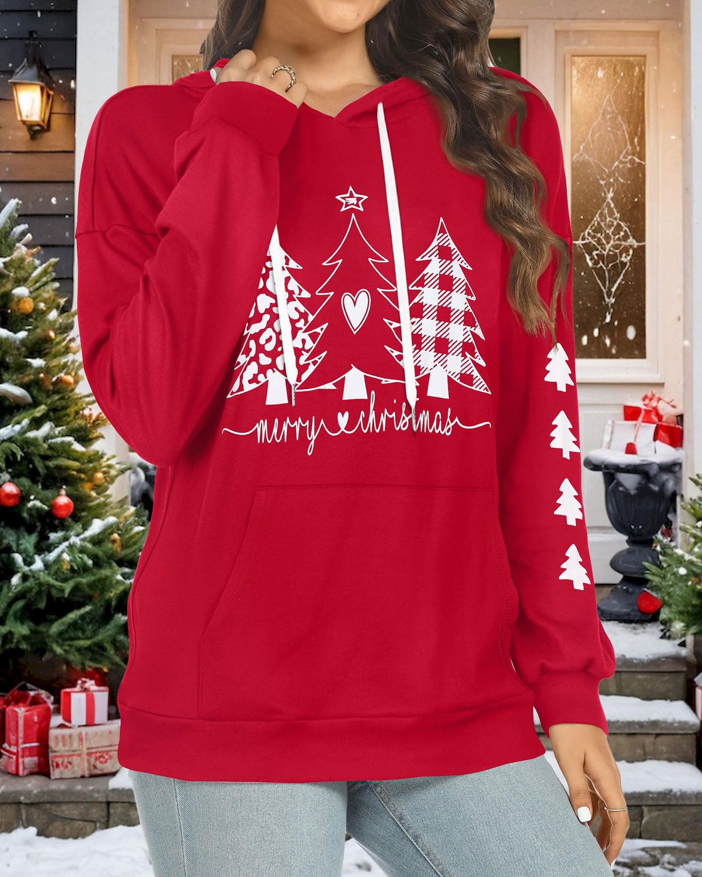 Women's Hoodies Long Sleeve Sweatshirts Drawstring Pullover Tops with Pocket Casual Loose Blouses Tunic (Red Christmas Tree,L)