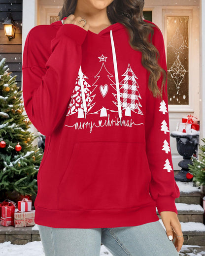 Women's Hoodies Long Sleeve Sweatshirts Drawstring Pullover Tops with Pocket Casual Loose Blouses Tunic (Red Christmas Tree,L)