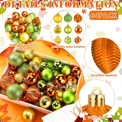 Lunmon 64 Pcs Fall Ball Ornaments Matt Glitter Lime Green Gold Orange Tree Ornament 1.6/1.97/2.4 Inch Autumn Thanksgiving Hanging Bulbs Fall Decorations for Home Tree Holiday Office Party Decor