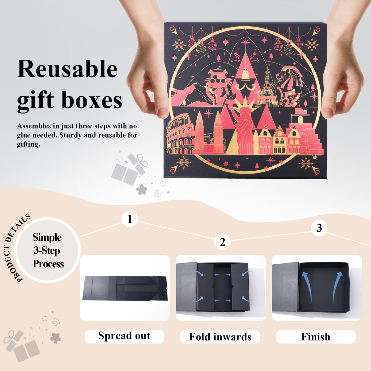 Amalee Christmas Birthday Gift Box, 12x12x4” Large Blue Present Box with Magnetic Closure & Glue-Free Design, Comes with Ribbon, Card, tissue paper