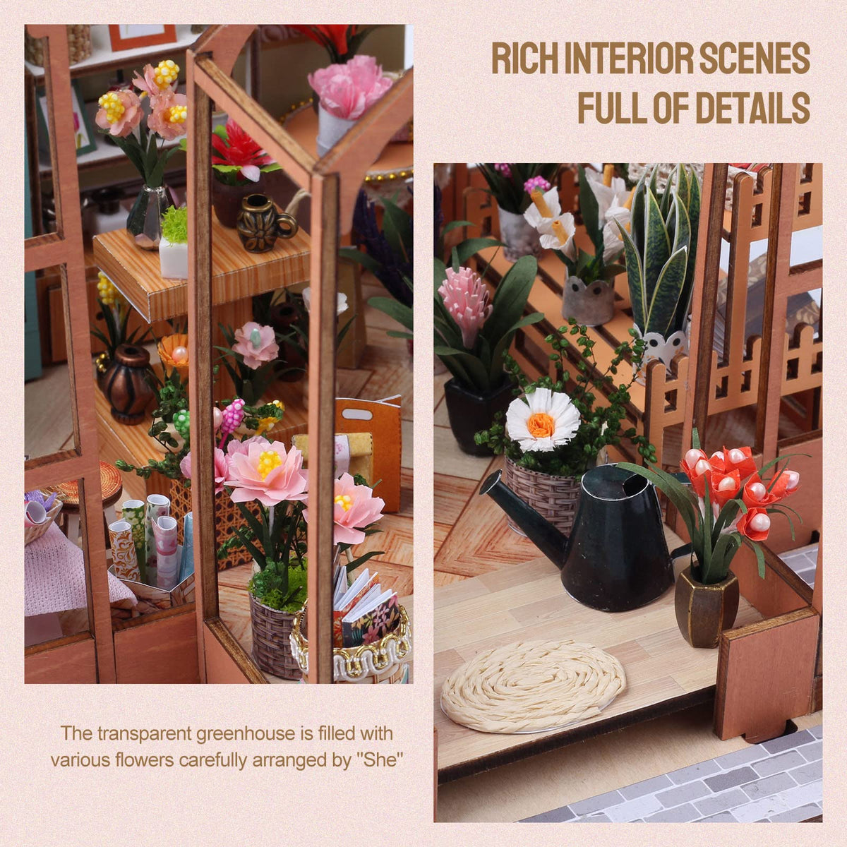 Insgen Greenhouse Booknook Kit, DIY Miniature Flower Dollhouse Building Set