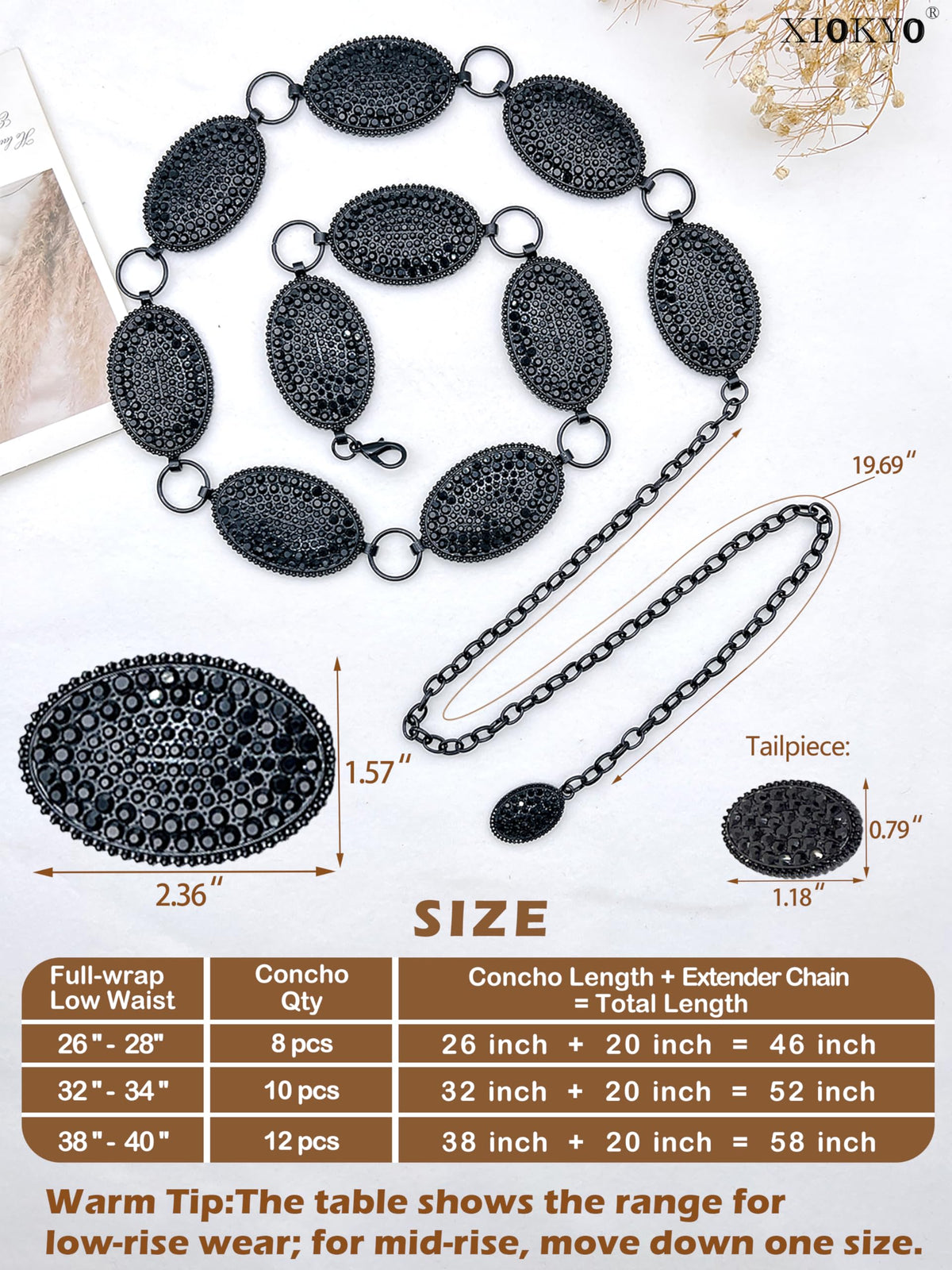Xiokyo Bling Rhinestone Concho Belt Heavy Metal Western Crystal Chain Belt Cowgirl Sparkly Waist Chain for Women (Black-black Crystals, 38–40")