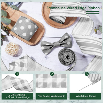 Moukeren Grey Wired Edge Plaid Ribbon 3 Rolls 2.5 Inch Farmhouse Buffalo Check Gray Ribbon Polka Dot Striped Belt Buffalo Plaid Belt Wire Decor for DIY Crafts Gifts Wreath Bow, 15 Yards