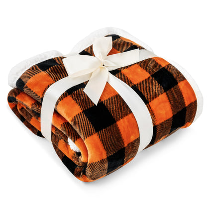 PAVILIA Black Orange Buffalo Plaid Sherpa Throw Blanket for Couch Twin, Soft Fuzzy Flannel Blanket for Bed, Plush Halloween Checkered Fleece Blanket and Throws, Warm Thick Winter Blanket Gift, 60x80