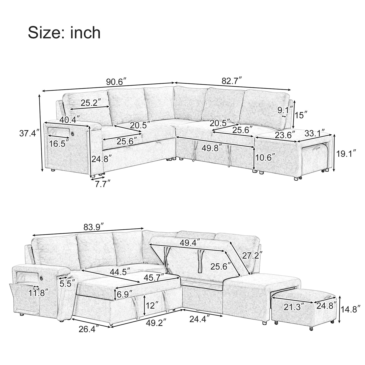 Merax L-Shaped Modular Sectional Sofa with Removable Storage Ottoman, USB Ports and Cup Holder, 6-Seats Upholstered Couch & Armrest, Free Combination Indoor Furniture for Living Room, Apartments, Blue