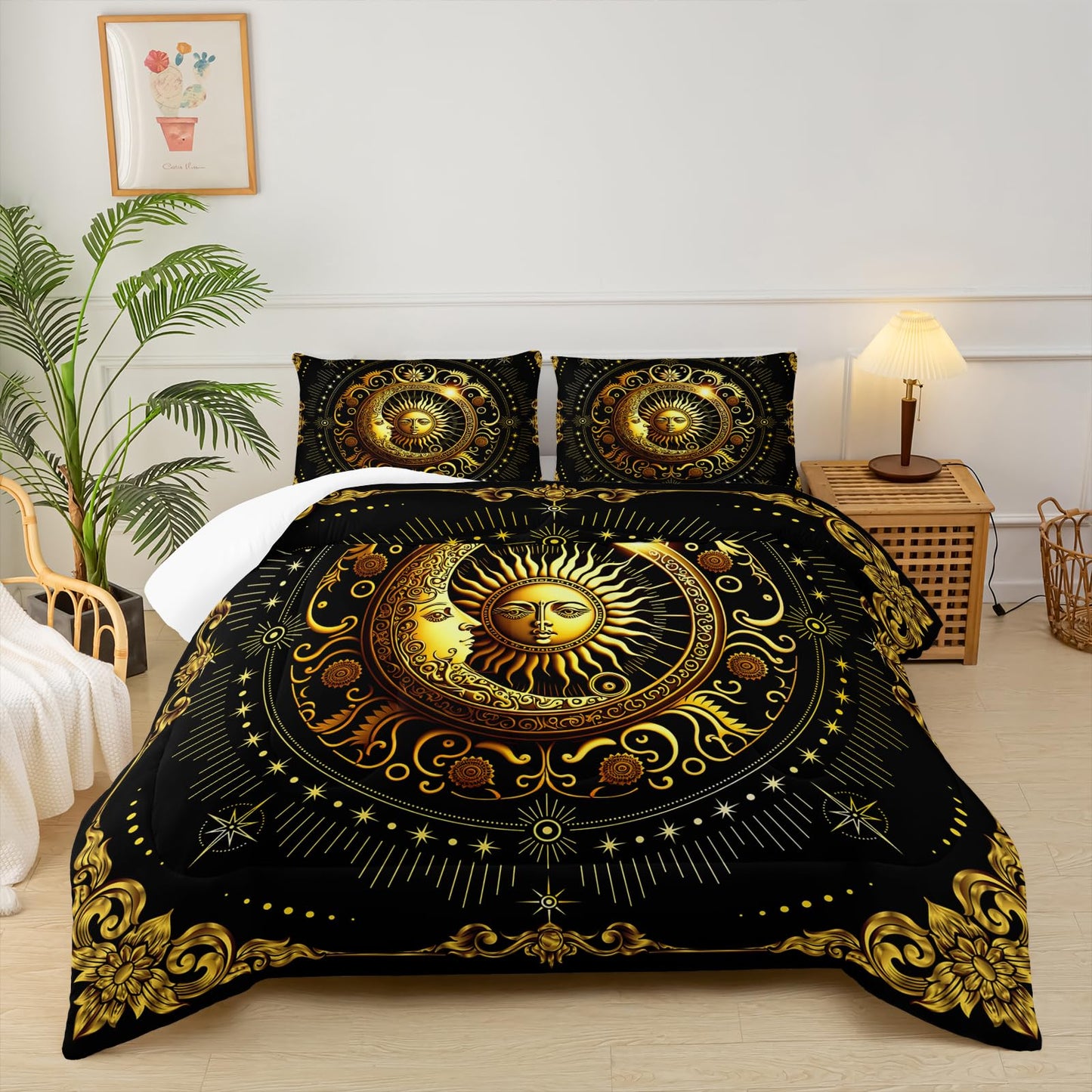 lneffble Black and Gold Twin Size Sun and Moon Comforter Set，Quilts Twin Size Bedding Sets Sun Moon，with 1 Comforter with 2 Pillow Case