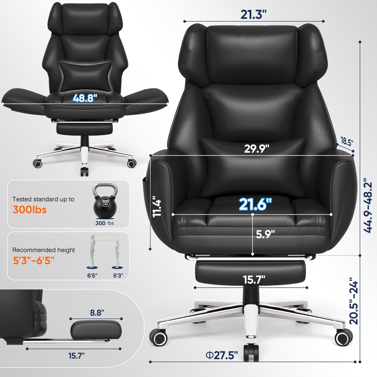 GABRYLLY Criss Cross Chair with Footrest, Big and Tall Office Chair - Wide Seat, Reversible Armrests, 120°Tilt, 400LBS Heavy-Duty Executive Leather Chair for Working, Gaming & Meditation, Grey