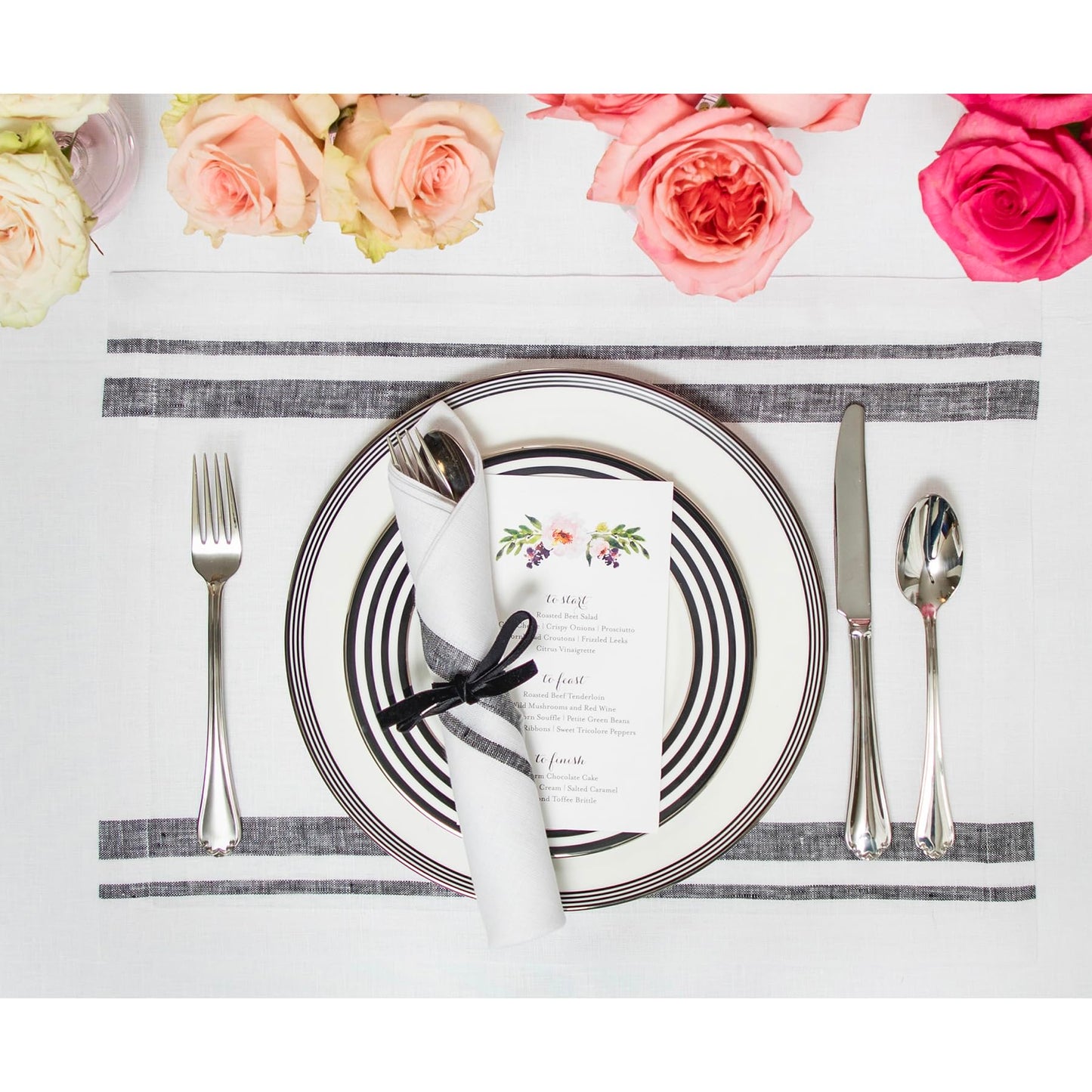 Solino Home Linen Dinner Napkins 20 x 20 Inch - 100% Pure Linen French Stripe Black and White Napkins Set of 4 for Fall, Autumn, Halloween, Thanksgiving
