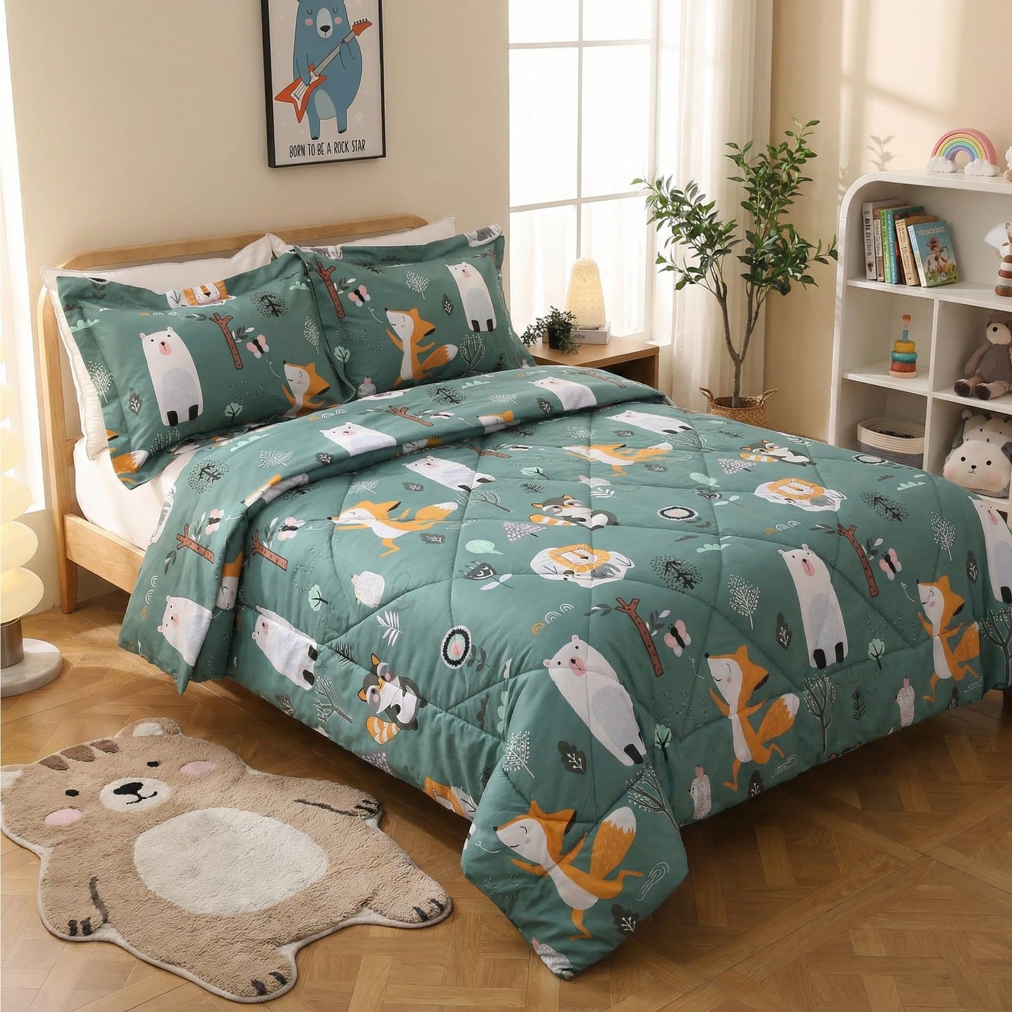 JSD Green Forest Animals Kids Comforter Set Twin Size, 2 Piece Woodland Printed Microfiber Bedding Set, Machine Washable
