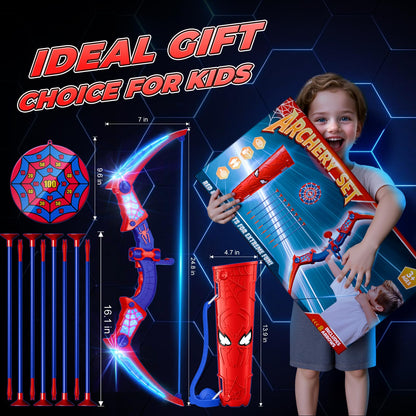 Spider Toys for Boys Age 3-4 4-6 6-8 8-12, Kids Toy BowArrow Shooting Set with Red & Blue LED Lights, Spider Quiver & Web Target, 8 Suction Cup Arrows, Toys Gifts for 3 4 5 6 7 8 9 10 12 Year Old Boys