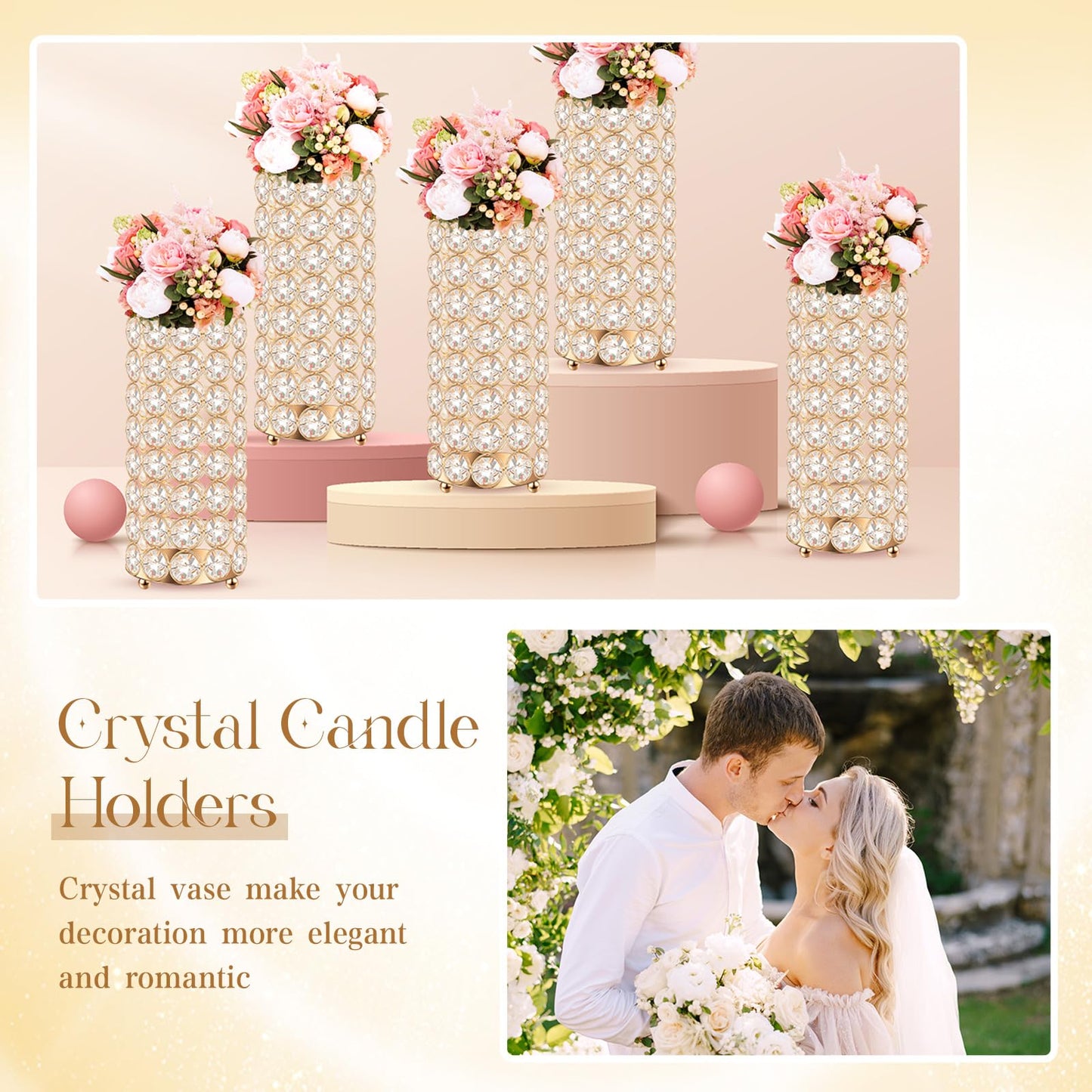 Dandat 8 Pcs Crystal Flower Vase for Wedding Table Centerpieces 7.87 in Crystal Pillar Candle Holder Metal Cylinder Flower Vase Stand for Christmas Wedding Decor Gifts Arrangement Event(Gold)