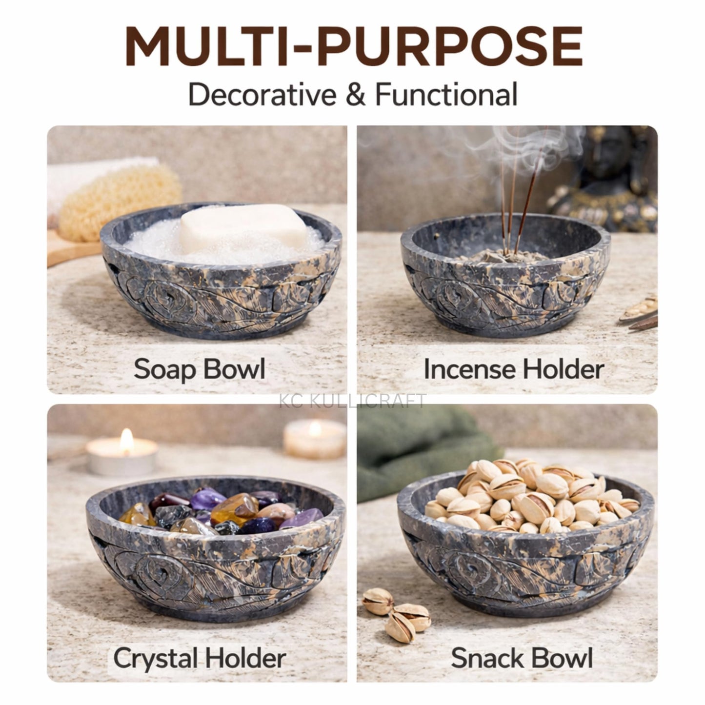 KC KULLICRAFT Marble Soapstone Natural Smudge Pot | Stone Bowl | Scrying And Smudge Bowl (Scrying - Bowls & Mirrors) (5 Inch) From India. Handmade Leaf Carved Design.