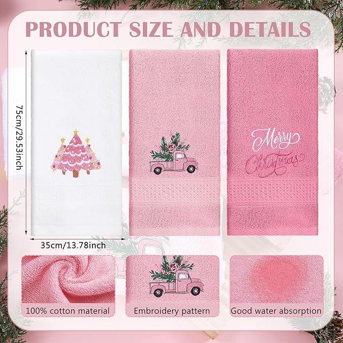 3 Pcs Pink Christmas Hand Towels