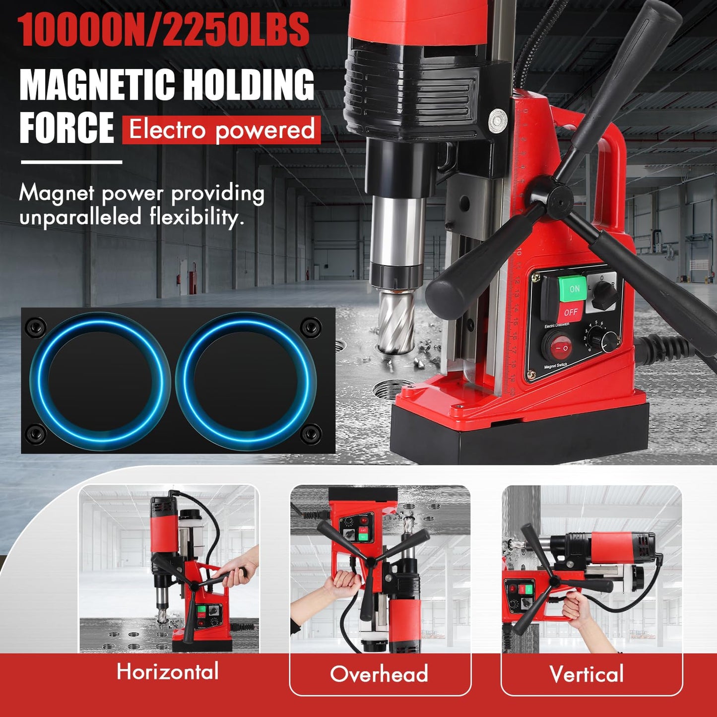 PeakPursuit Mag Drill Press, 1400W 810RPM Portable Magnetic Drill Press, 2 Inch Boring Diameter, Double Track, Electric Drilling Machine with 6Pcs Drill Bits, for Industrial and Home Improvement