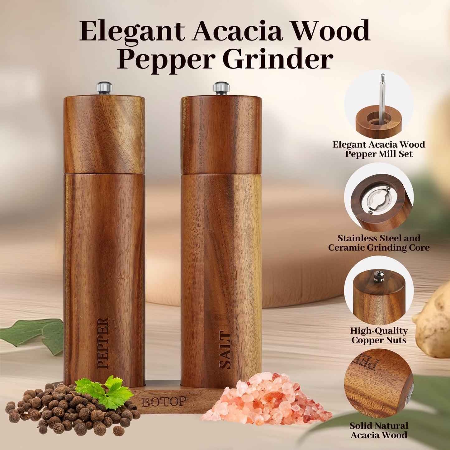 Acacia Wood Salt and Pepper Grinder Set with Base - Adjustable Ceramic Rotor Manual Pepper Mill and Salt Shaker - Refillable Wooden Spice Grinders for Kitchen Cooking, Farmhouse Decor & Gifts