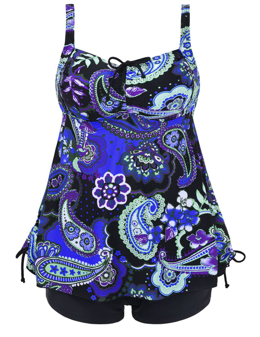 Septangle Women's Plus Size Swimsuit Floral Print Bathing Suit Two Piece Push Up Swimwear (Royal Blue,US 12)