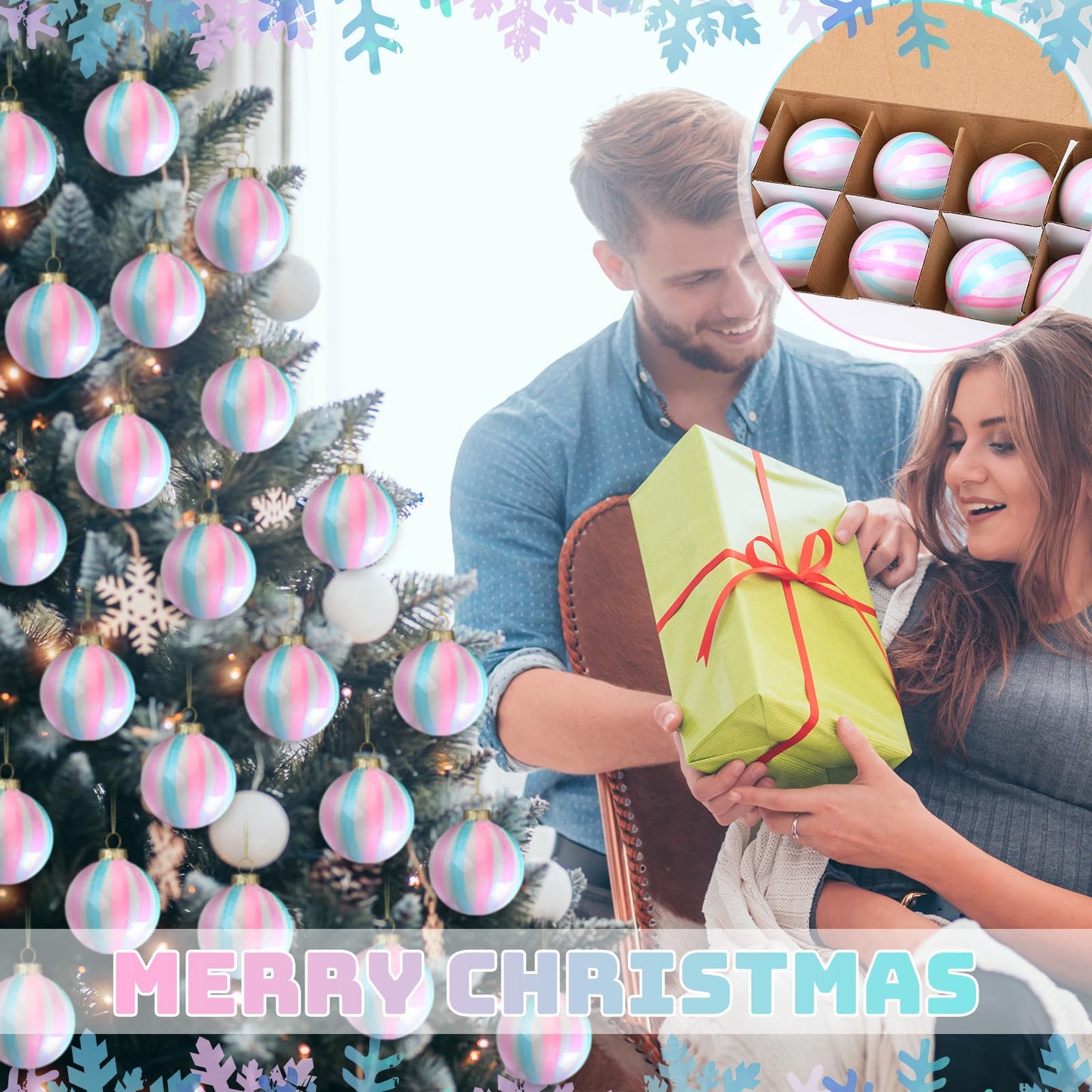 Jenaai 10 Pcs Easter Pastel Ball Ornaments 2.36 Inch Iridescent Glass Hanging Ball Decor Easter Pink Blue Striped Pendant for Christmas Tree Fireplace Window Weddings Birthday Holiday Party