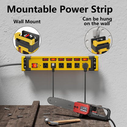 Power Strip Surge Protector 2700J with Individual Switches and Flat Plug, 3FT Heavy Duty Cord 6 Wide Spaced Outlet Mountable Metal Power Strips with Cord Manager and Hanger