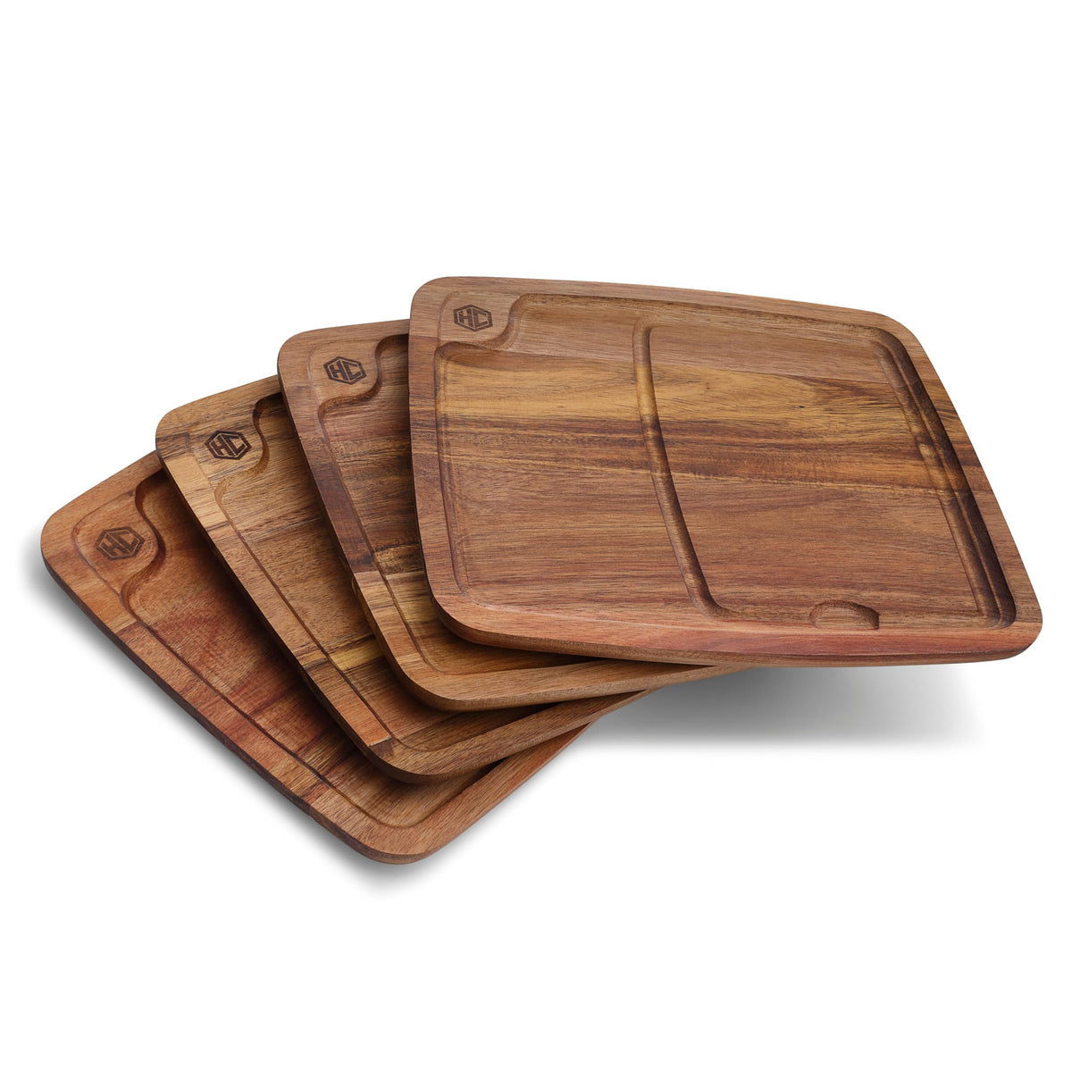 HexClad 4-Piece Bistecca Wooden Steak Plate Set with Juice Channel for Meats, Stackable Design with Straight Edges and Completely Flat Base, Easy to Clean, Lightweight and Durable