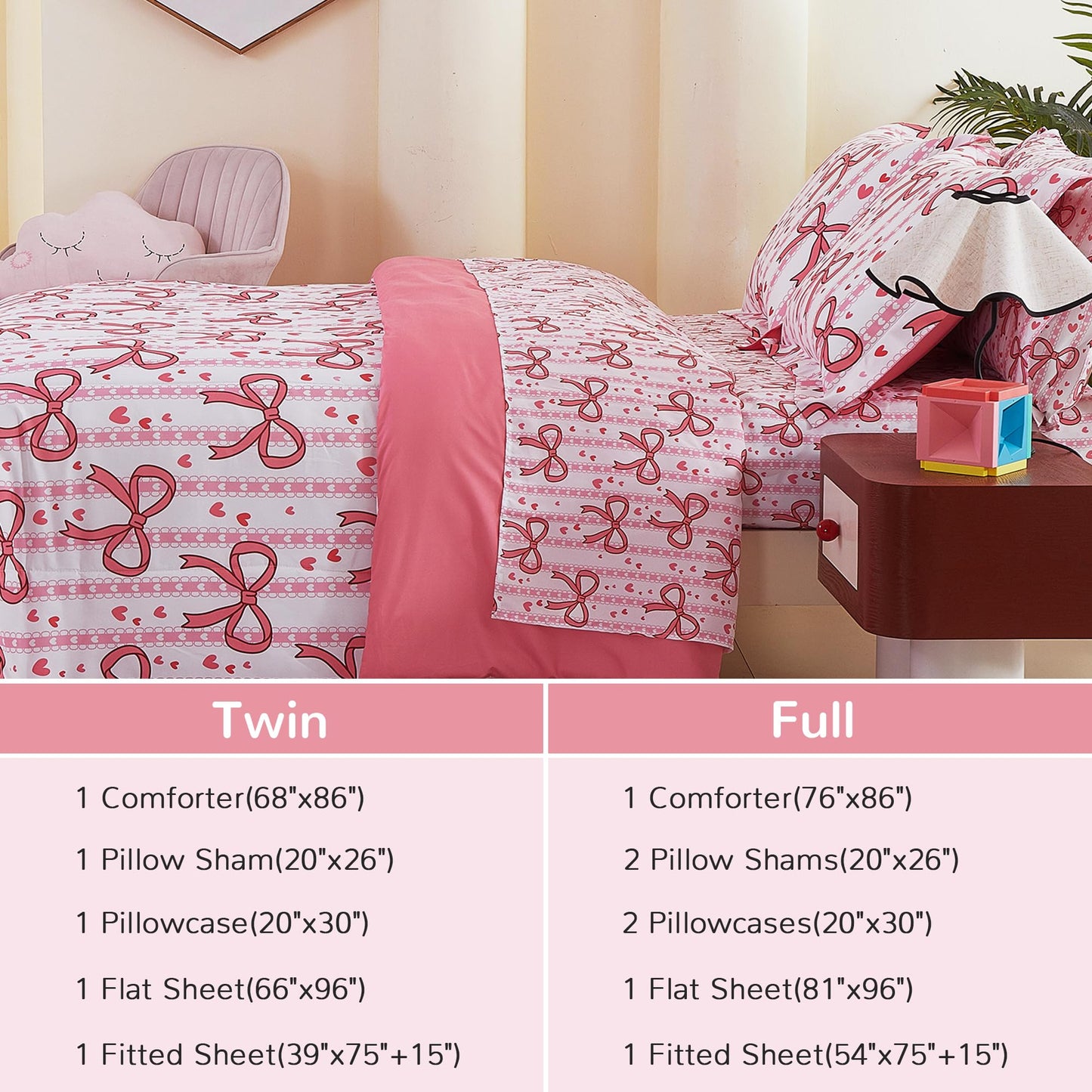 Viviland Kids Twin Bedding Sets for Girls, Soft Twin Comforter Set with Sheets, 5 Pieces Microfiber Bed in a Bag, Pink Bow
