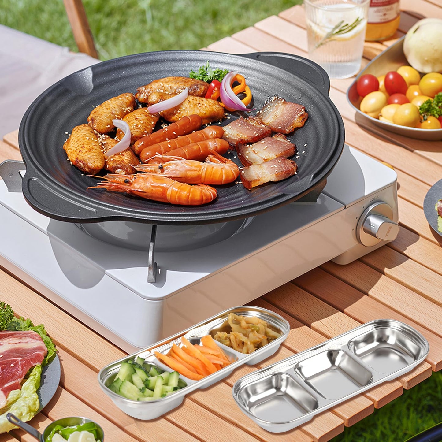 18 Pcs Soy Sauce Dishes, Stainless Steel Divided Dip Bowls, Korean 3-Compartment Sauce Plates for Home Restaurant BBQ, Vinegar, Spices, Ketchup, Salt, Sugar, and Flavors
