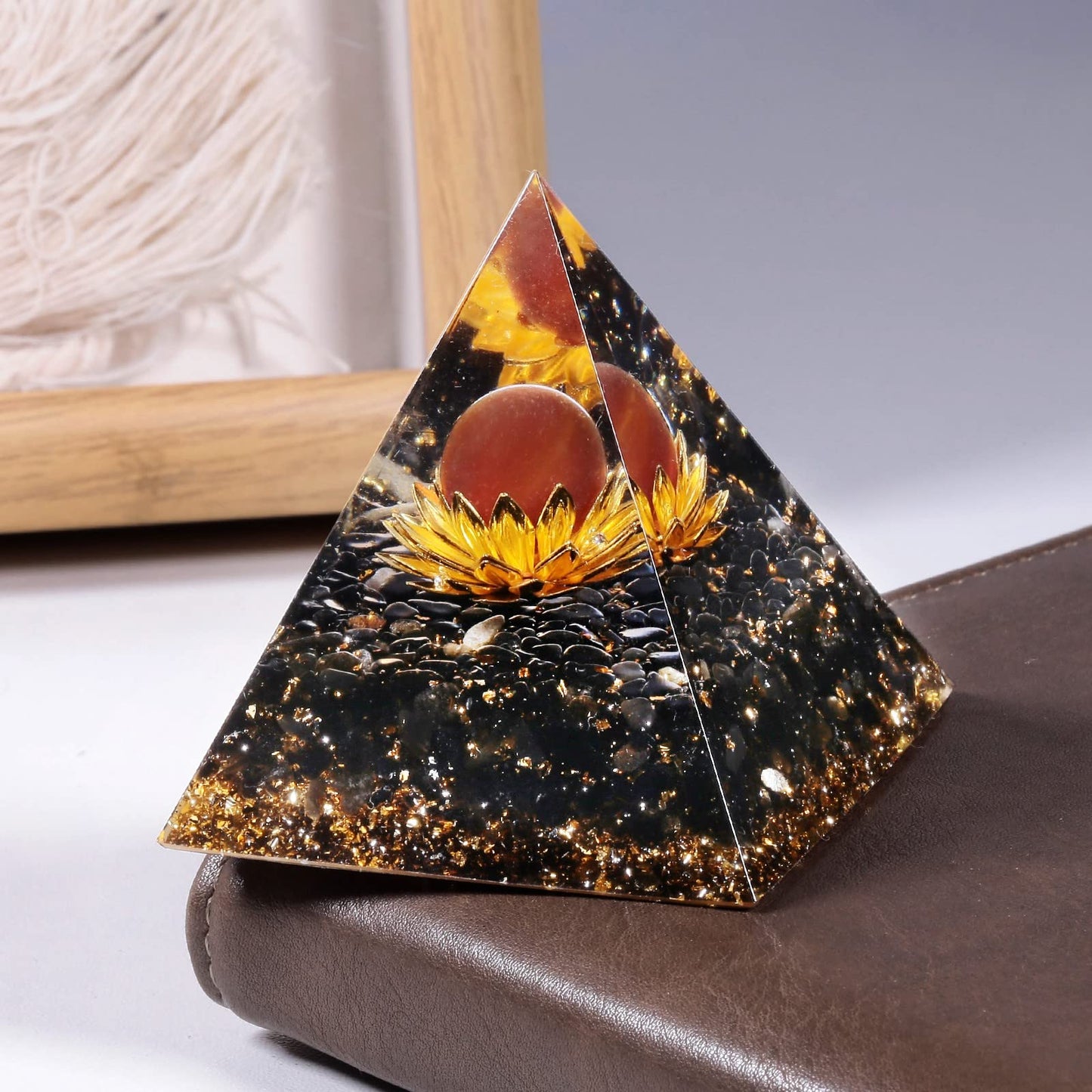 SUNYIK Crystal Sphere Orgone Pyramid with Black Obsidian Tumbled Stones and Golded Lotus Base Energy Generator for Meditation Office Home Decoration, Carnelian Stone