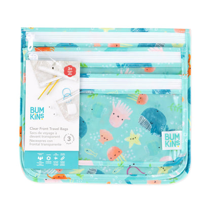 Bumkins TSA Approved Toiletry Bag, Travel Bag, Quart Zip Pouch, Clear Sided, PVC-Free, Vinyl-Free, Set of 3 – Ocean Life