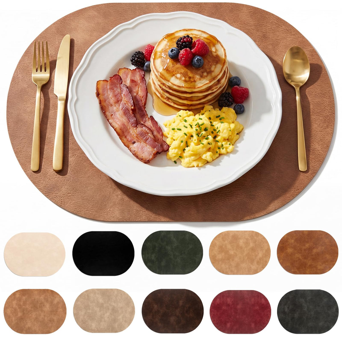 BIPASION Oval Placemats 2mm Ultra Thick Faux Leather Table Mats, Heat Resistant Waterproof Wipeable Dining Mats for Kitchen Table, Set of 8, Light Brown