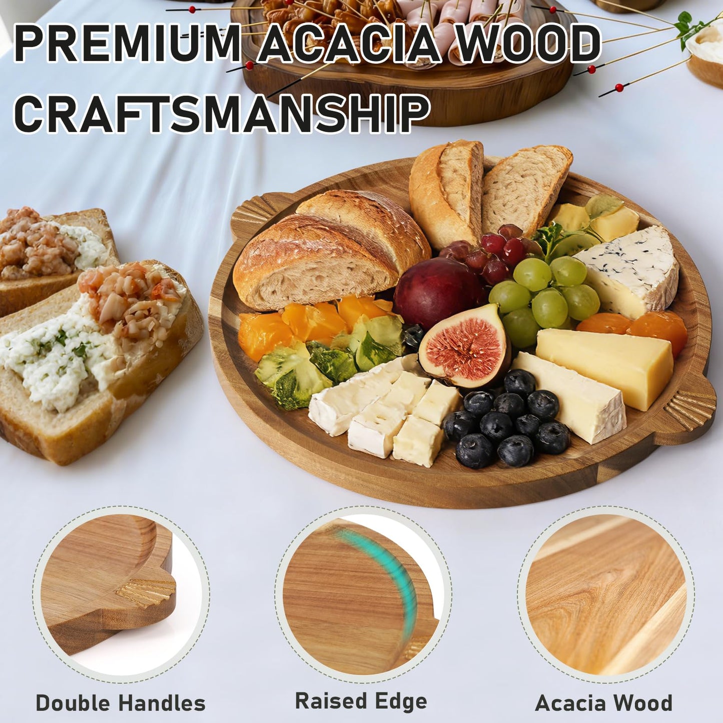 Acacia Wood Charcuterie Board with Handles 13'' - Large Round Cheese Board Serving Tray Wooden Charcuterie Serving Platter for Coffee Table, Family Gatherings, Parties & Housewarming Gifts
