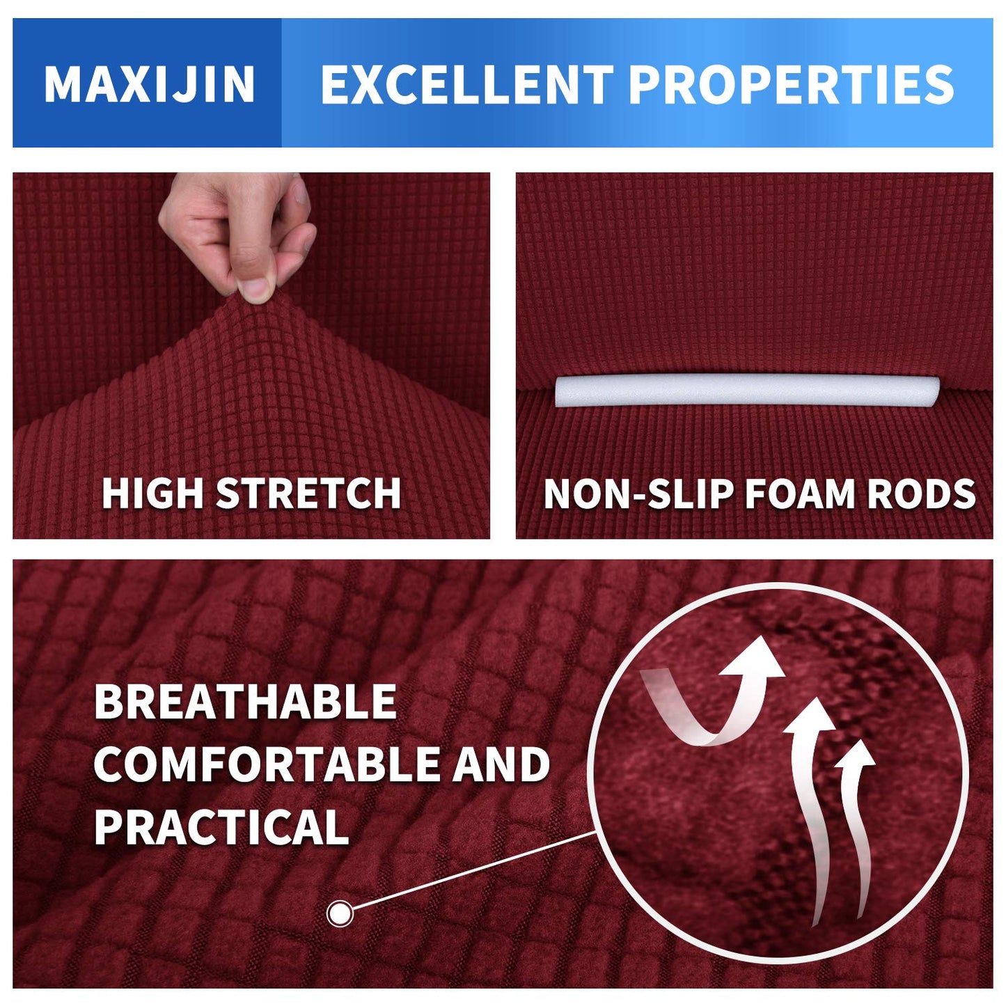 MAXIJIN Super Stretch Couch Cover for 3 Cushion Couch, 1-Piece Universal Sofa Covers Living Room Jacquard Spandex Furniture Protector Dogs Pet Friendly Fitted (Large, Wine Red)