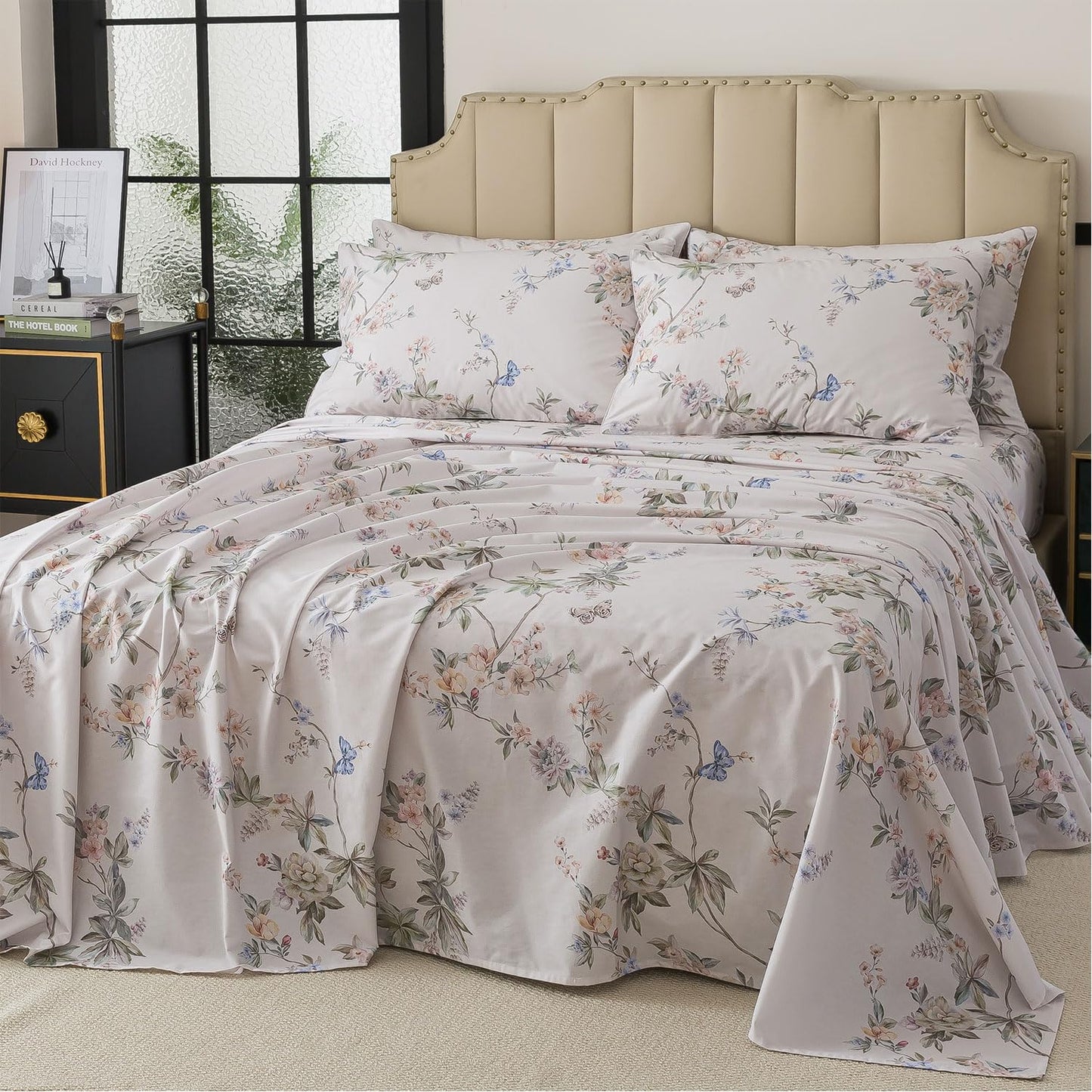 FADFAY California King Sheet Set Percale Cotton, Soft Deep Pocket Fitted Sheet, Country Style Floral & Butterfly Pattern Bedding for All Seasons, Crisp & Breathable for Hot Sleepers,4Pcs