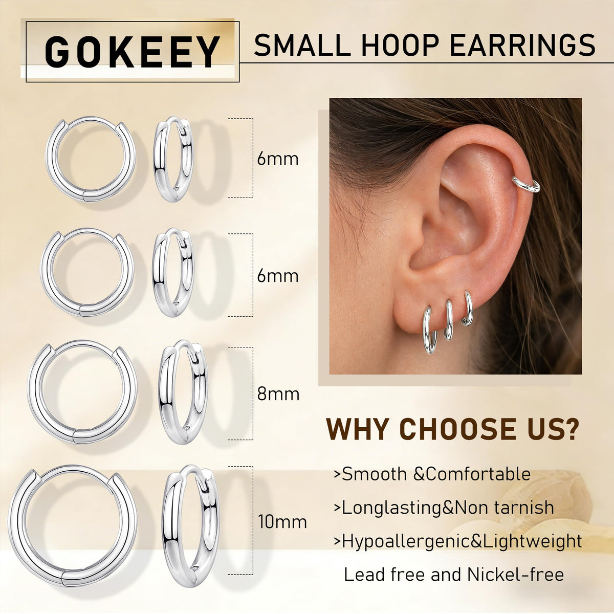 Gokeey 316L Surgical Stainless Steel Small Silver Huggie Hoop Earrings 6mm 6mm 8mm 10mm,Hypoallergenic Silver Earrings Hoop Cartilage Helix Lobes Hinged Sleeper Earrings For Men Women