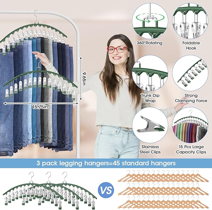 3 Pack Legging Organizer for Closet Hanging, Pants Hangers