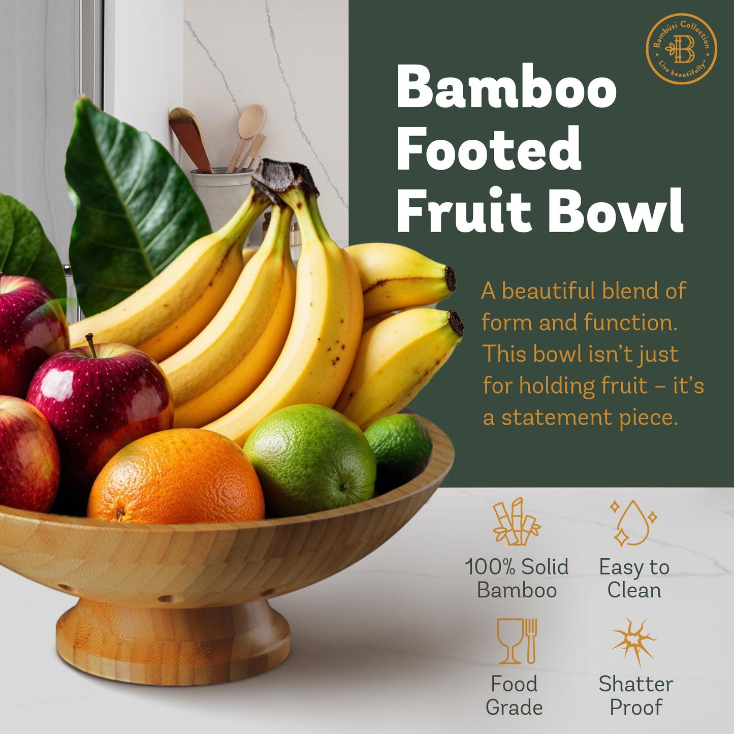Fruit Basket for Kitchen Counter - Fruit Bowl for Kitchen Counter, Bamboo Pedestal Fruit Basket with Ventilation Holes, Wooden Fruit Bowl for Fruit and Vegetable Storage, Decorative Frutero for Cocina