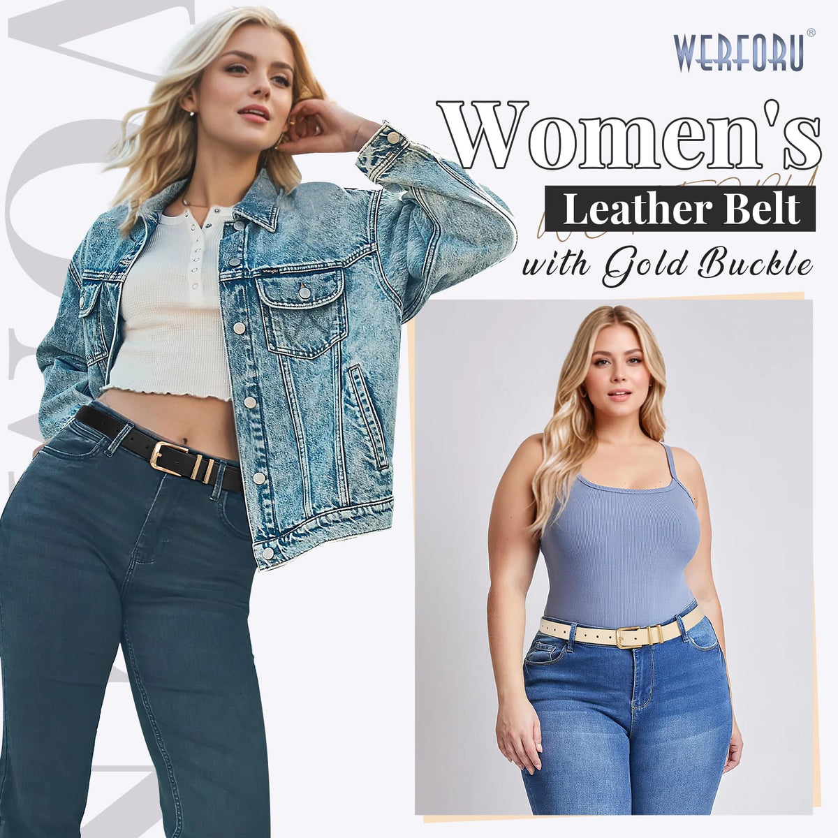 WERFORU 3 PACK Women Belt Women Fashion Leather Belts for Jeans Pants Ladies Belts with Gold Buckle,A-Black+Brown+Beige,Fit Waist Size 32-36 Inches