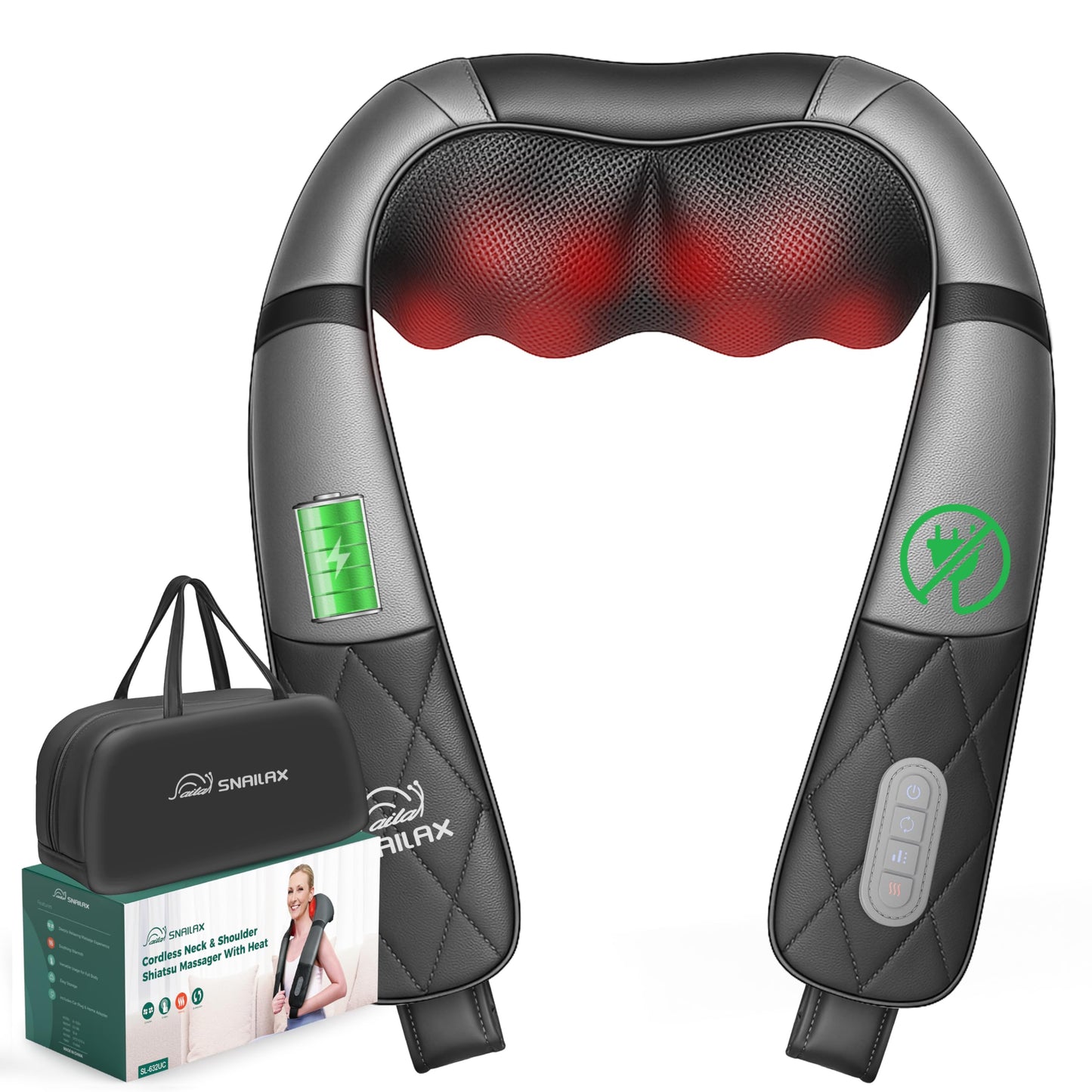 Snailax Cordless Massager - Shiatsu Neck and Shoulder Massager with Heat, Portable, Lumbar, Back Electric Massage Pillow, Christmas Gift
