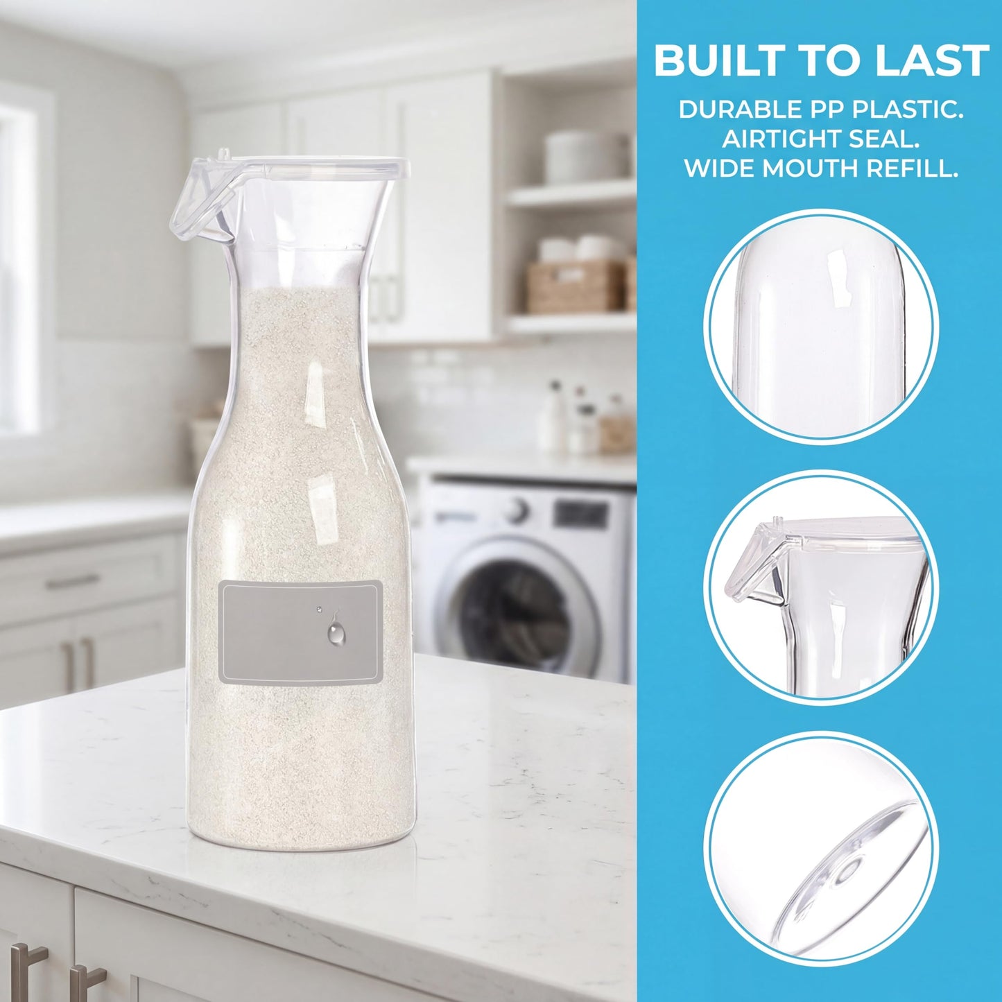 YIMITEE 3 Pack Laundry Detergent Dispenser with 5 Labels, 40 OZ Plastic Fabric Softener Bottle, Reusable Detergent Container, Laundry Room Organizer for Liquid Soap Powder Bleach Scent Booster Beads