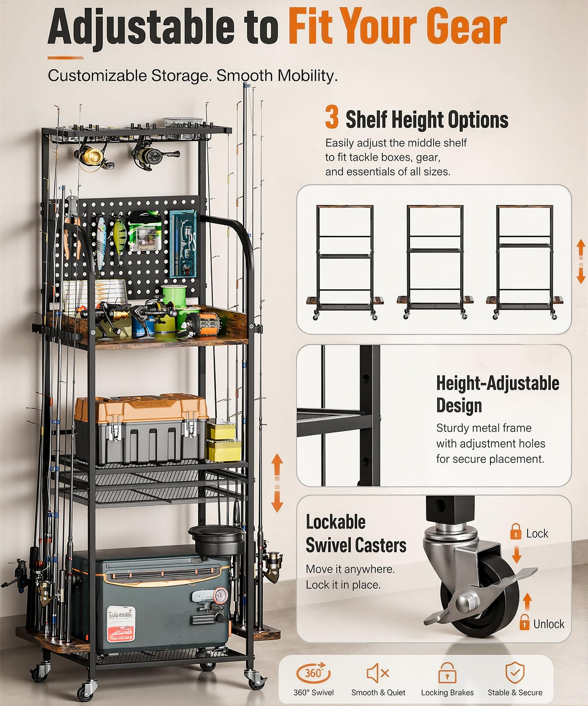 Homde Fishing Rod Holders for Garage: Large Capacity Fishing Equipment Holder up to 12 Rods - Mobile Tackle Storage Cart with Pegboard and Hooks for Tackle Box Organizers and Storage