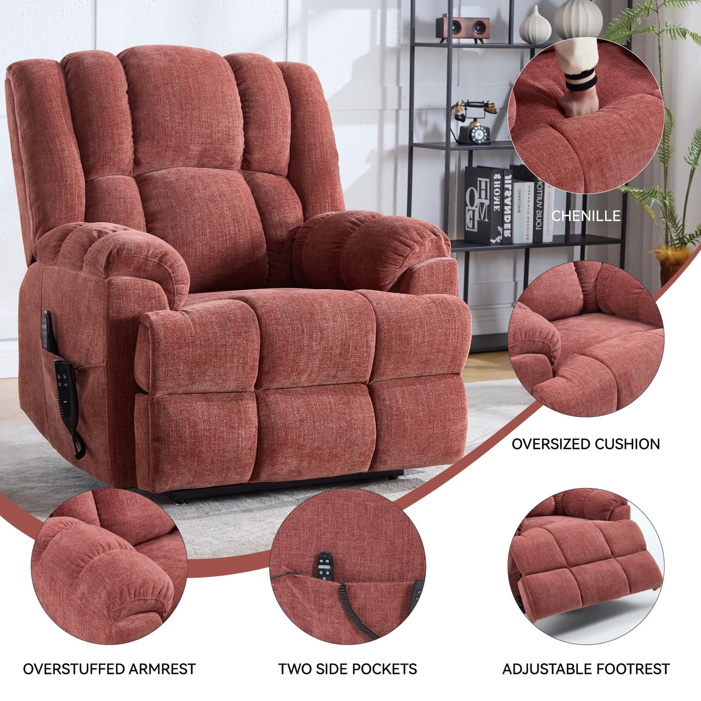 KEIKI Oversized Dual Motor Power Lift Recliner Chair for Elderly, Chenille Upholstery Breathable Rocking Chair with Back Massager and Heated, Home Theater Relaxation and Movie Nights, Red