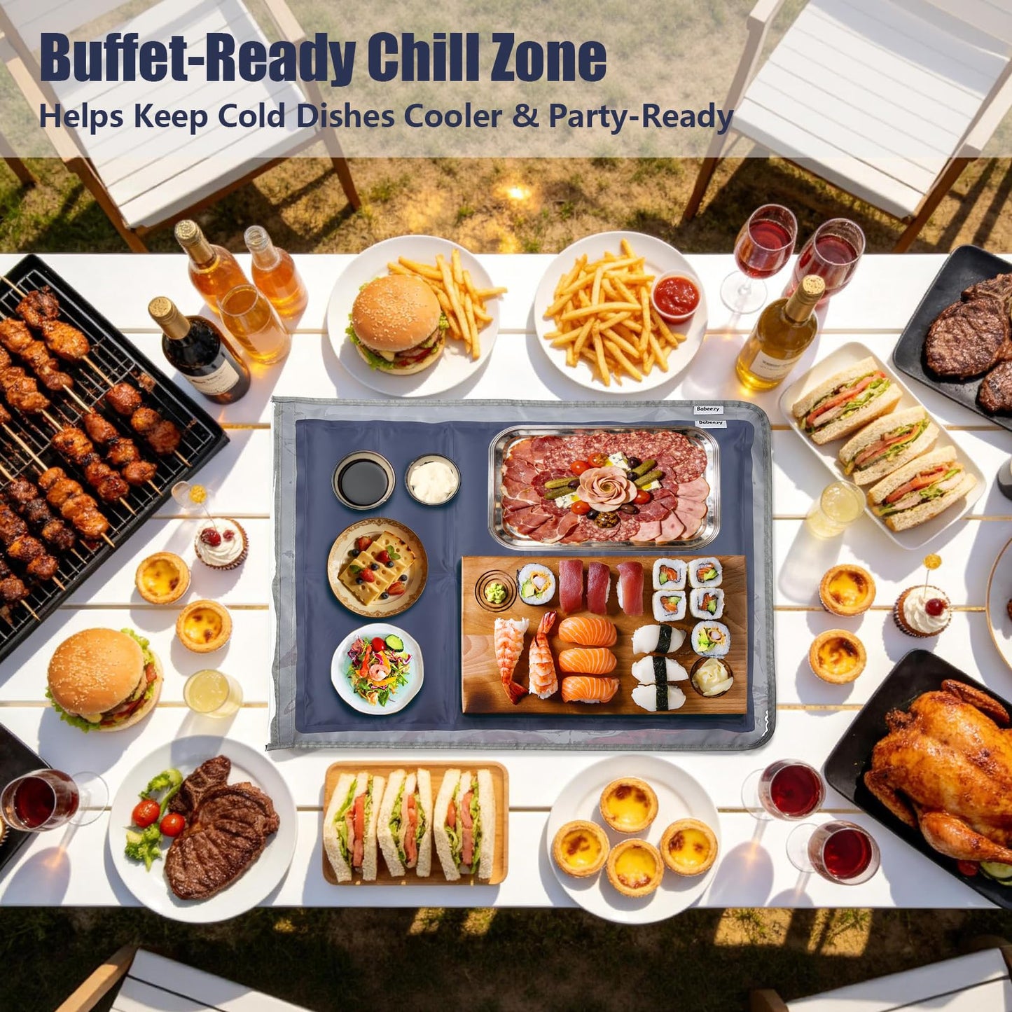 Babeezy Party Mat Chiller,Foldable Reusable Ice Pack Mat with Sleeve Bag 12 Large Cells (2×6) Tray Chiller for Charcuterie, Cheese, Deli Meats, Veggie & Fruit Trays, Sushi, Salads & Dips