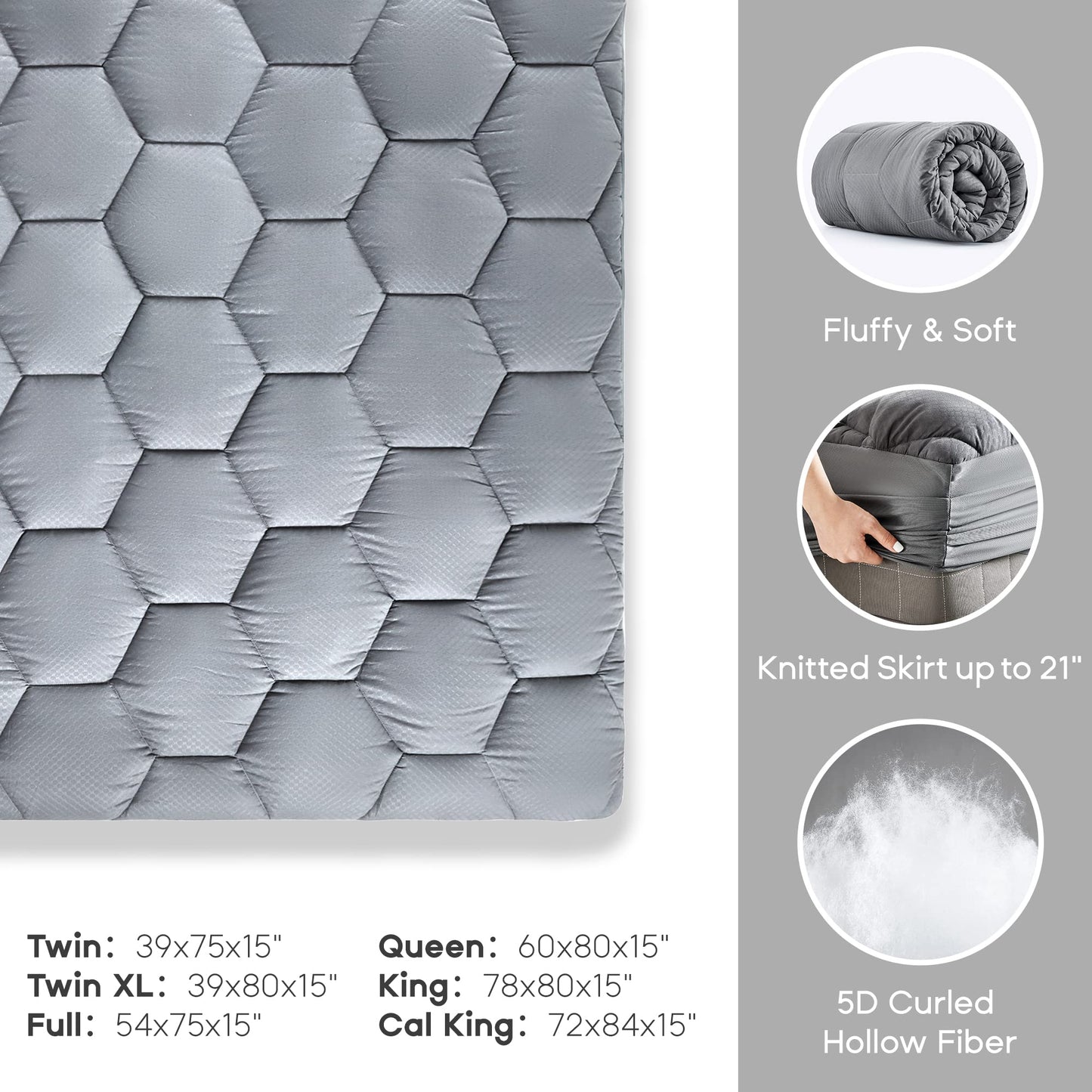 Sonive Waterproof Mattress Protector,Full Size Mattress Topper with Deep Pocket up to 21'',Quilted Fitted Waterproof Mattress Pad,Ultra Soft & Supportive, Durable & Easy Care, Oeko-Tex Certified Grey