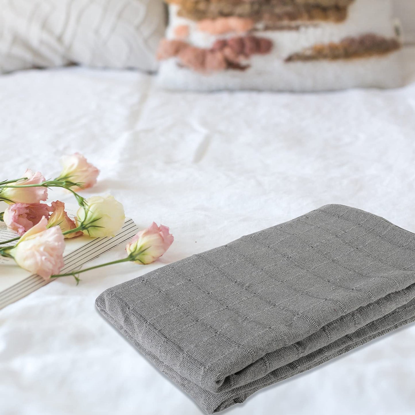 100% Cotton Gray Throw Blanket Woven Checker Pattern Super Soft Breathable Lightweight 68x90 inches Birthday