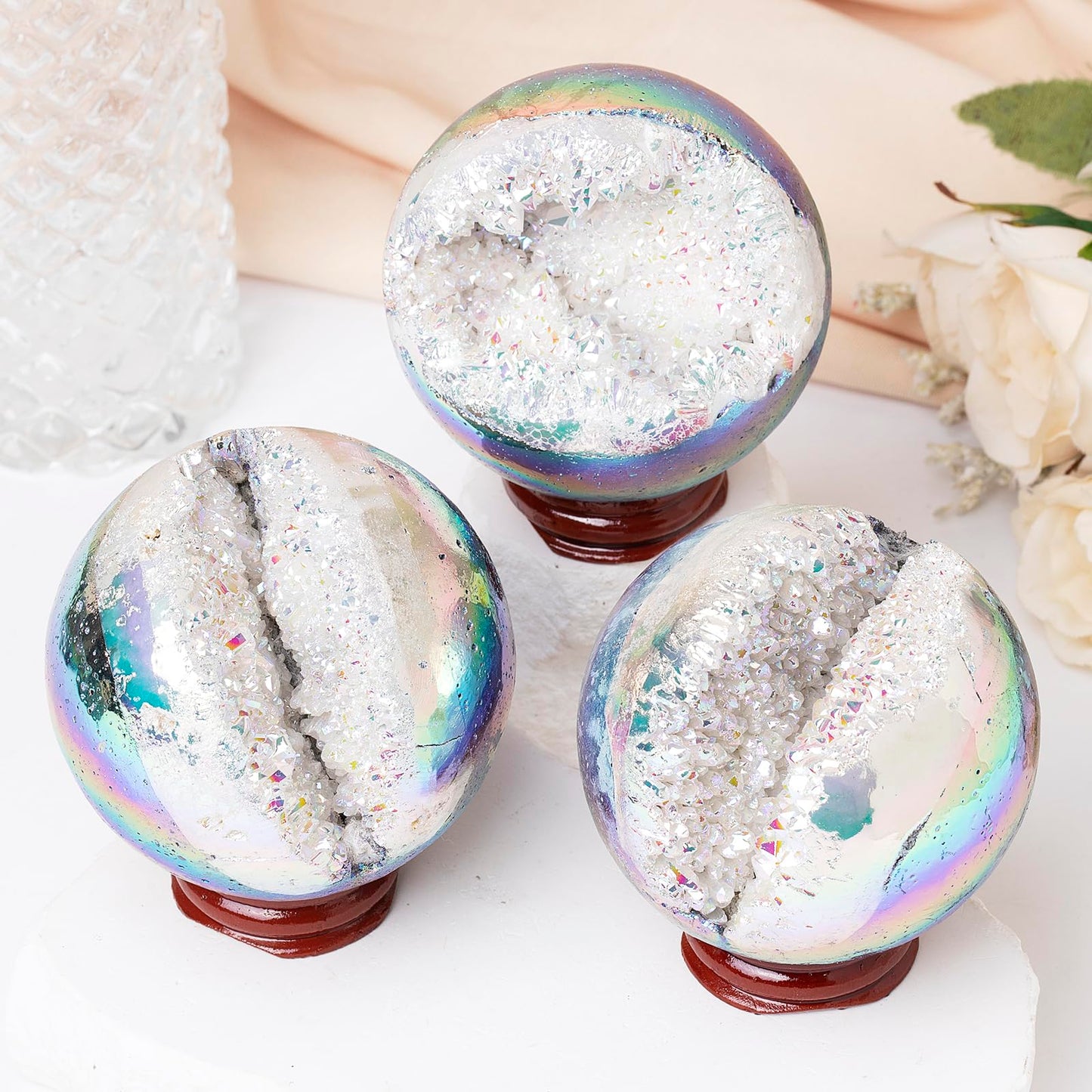 dssmboom White AB Titanium Coated Geode Stone Sphere with Wooden Stand for Home Decor, Rock Quartz Crystal Ball for Fengshui, Divination, Meditation, 61mm-70mm